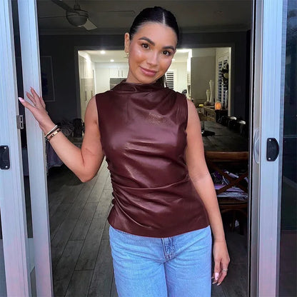 Fashion Solid Leather Y2k Top Skinny Waist Slimming Sleeveless Women Clothing High Collar Streetwear