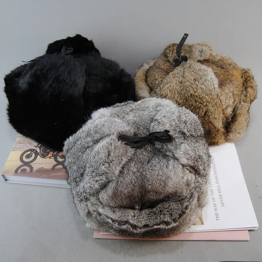 Men's Caps Warm Natural Rabbit Fur Bomber Hat With Earflaps Winter 2025