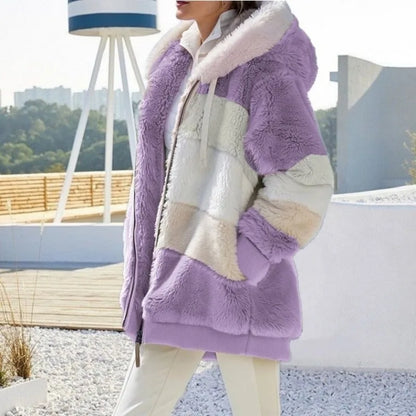 New Autumn Winter Warm Plush Pocket Hooded Streetwear Loose Lady Outerwear Coat