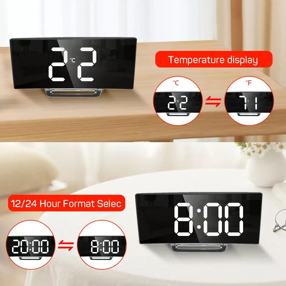 Electronic Alarm Clock Noiseless Design Digital LED Large Display Mirror Electronic Clock