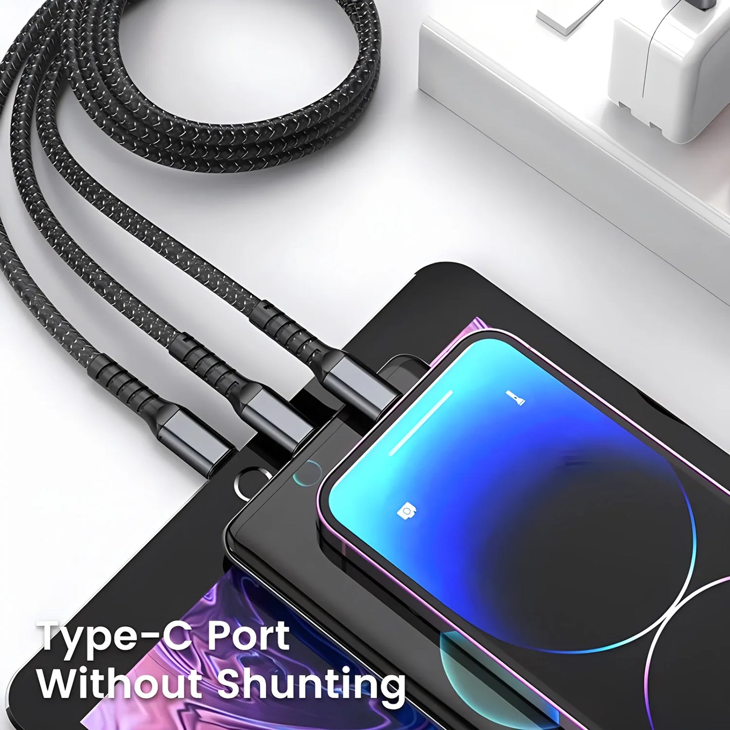 3-in-1 100W 5A Fast Charging USB To Type-C Micro Fast Charger Cable For iPhone  Samsung