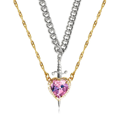 2025 2PCS Heart & Sword Zircon Pendant Necklace – Silver/Gold Plated Couple Jewelry