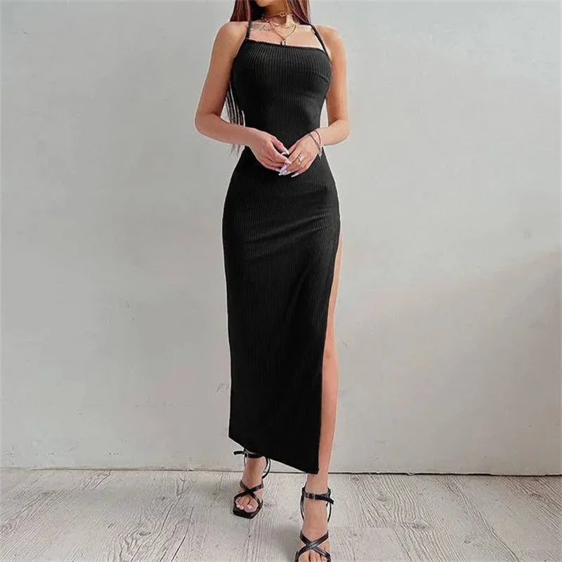 Black Long Bodycon Dress Women Summer Sleeveless Backless Halter Neck Spaghetti Strap Dresses High Split