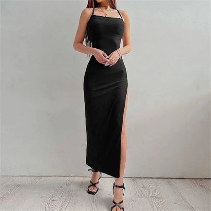 Black Long Bodycon Dress Women Summer Sleeveless Backless Halter Neck Spaghetti Strap Dresses High Split
