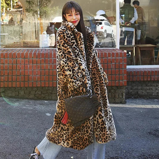 Europe America Women's Leopard Fur Coat Longer Fashion Casual Loose Fur Overcoat