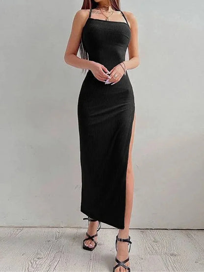 Black Long Bodycon Dress Women Summer Sleeveless Backless Halter Neck Spaghetti Strap Dresses High Split