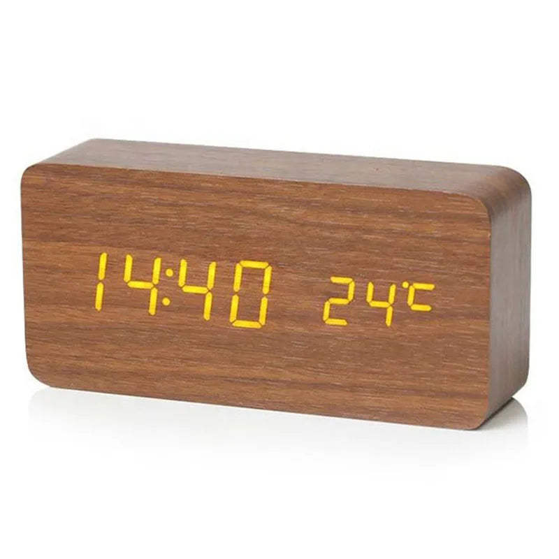 Wooden Digital Alarm Clock, LED Alarm Clock with Temperature Desk Clocks for Office