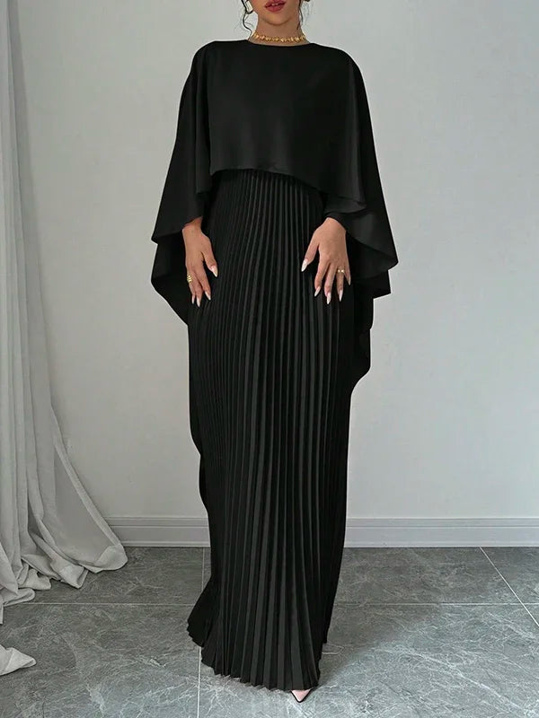 Yeezzi Women's Fashion Cape Sleeves High-Low Pleated Maxi Dresses  New Autumn Solid Color O-Neck Elegant Party Evening Dress