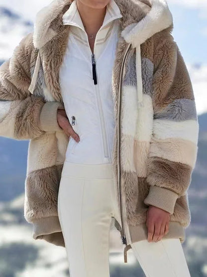 New Autumn Winter Warm Plush Pocket Hooded Streetwear Loose Lady Outerwear Coat