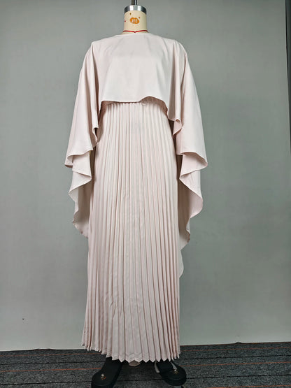 Yeezzi Women's Fashion Cape Sleeves High-Low Pleated Maxi Dresses  New Autumn Solid Color O-Neck Elegant Party Evening Dress