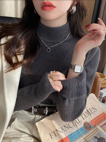 Women's Turtleneck Sweater Winter  Retro Red with Velvet Lining Thickened Inner Wear Thermal Knitting Bottoming Shirt