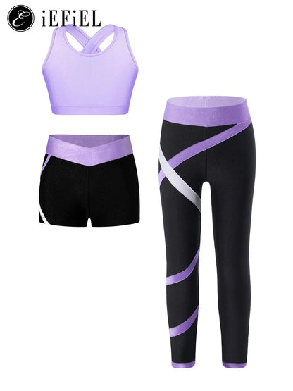 Kids Girls 3 Pcs Athletic Tracksuits Ballet Dance Yoga Sportswear Sports Bra Shorts with Leggings Tumbling Ice Skating Sets