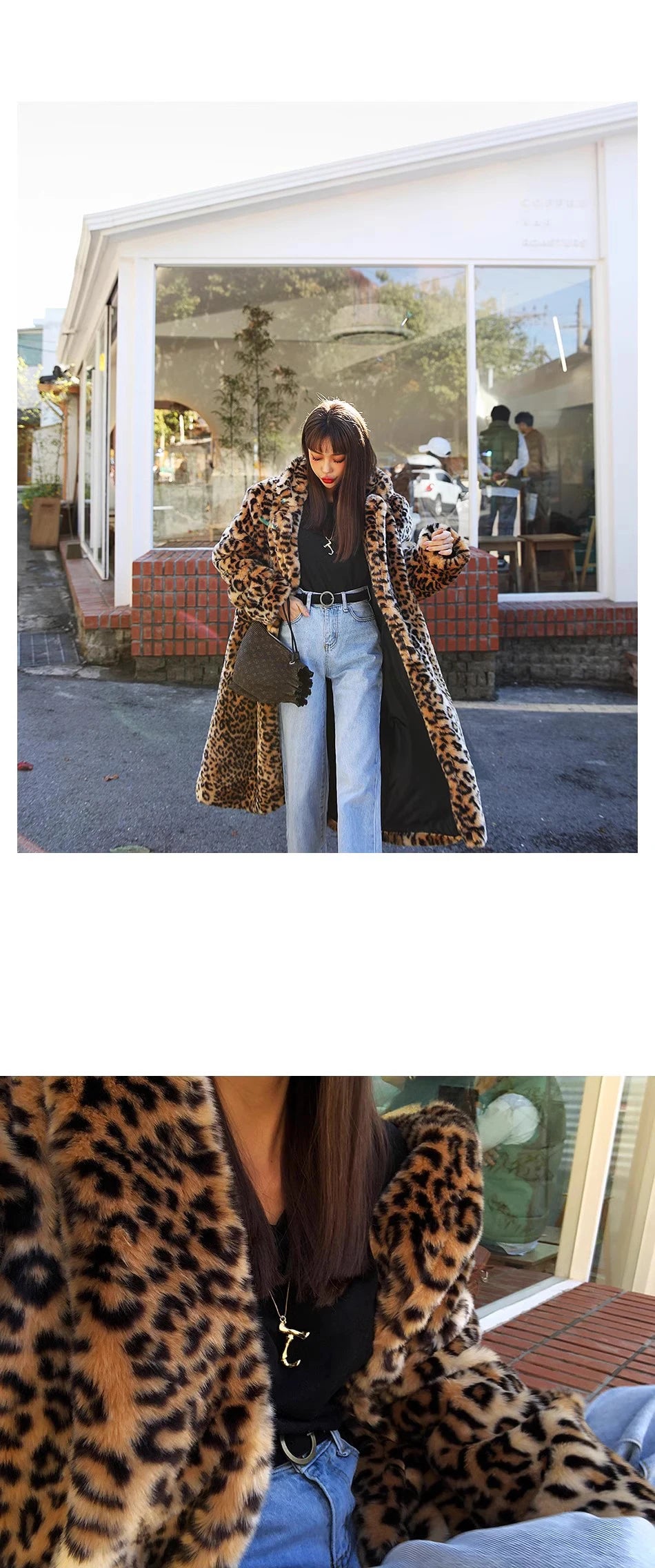 Europe America Women's Leopard Fur Coat Longer Fashion Casual Loose Fur Overcoat