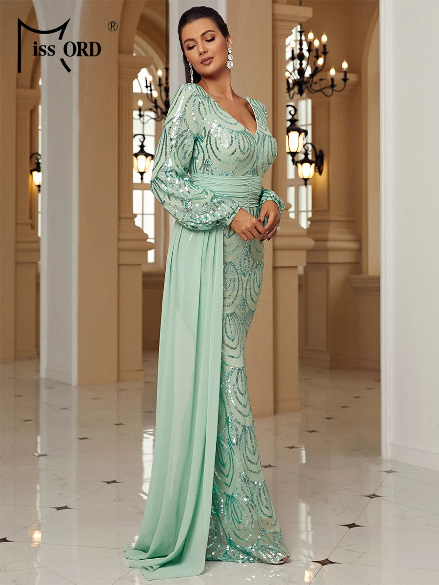 Missord Green Sequin Evening Dress Elegant Women Long Sleeve V-neck Belt Draped Bodycon Wedding Party Prom Dresses Female Gown