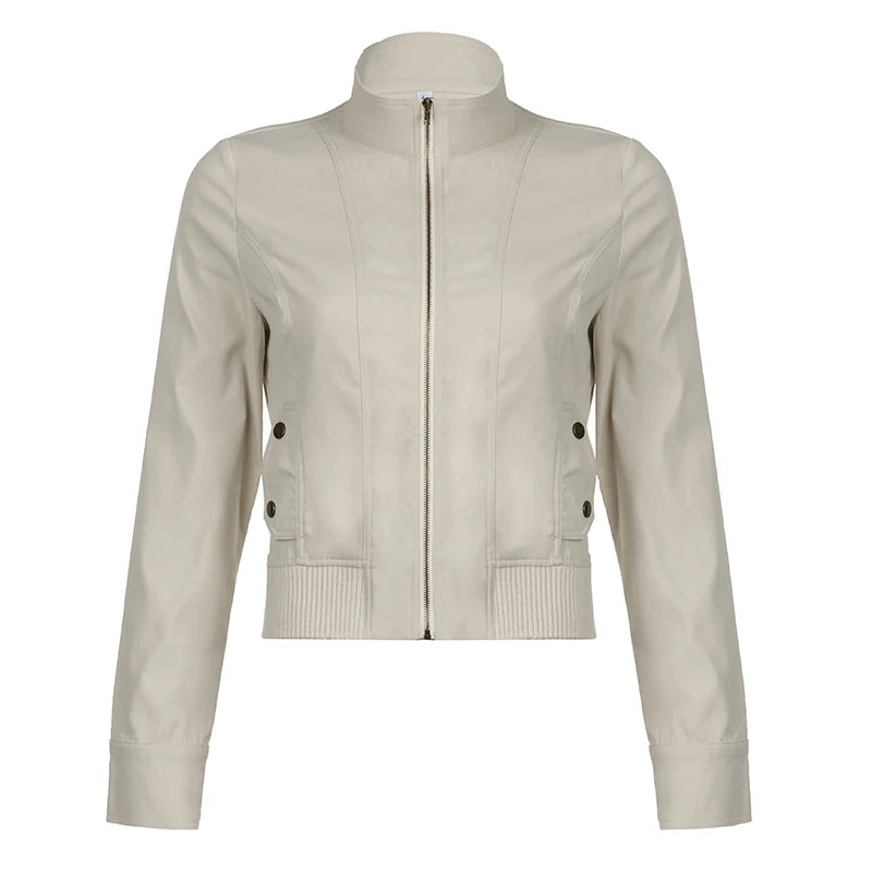 Vintage Cropped Jackets Women Stand Collar Solid Color Casual Coats Slim Pocket Zip Up  Safari Style Outwear