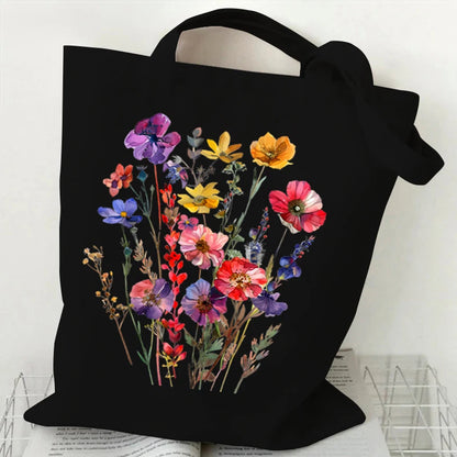 Boho Wildflowers Pattern Retro Graphics Canvas Tote Bag Reusable Shopper Bag for Women Purses and Handbags Shopping Cloth Bag