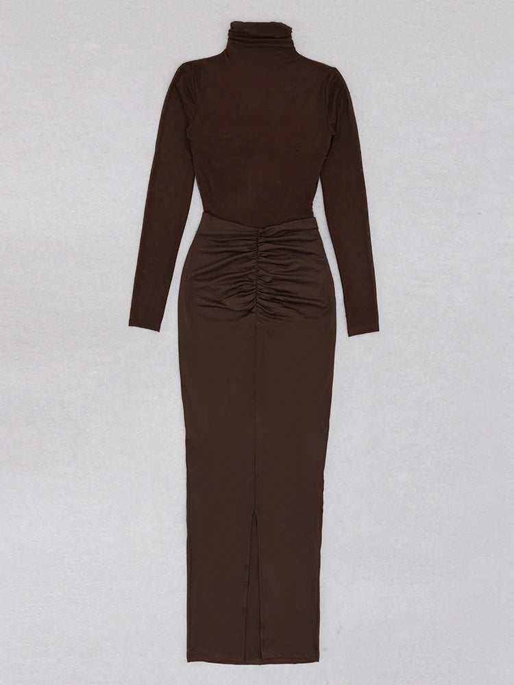 Turtleneck Mesh Patchwork Folds Bodycon Dress Elegant Brown Long Sleeve Draped Maxi Dress Celebrity Party Club Dresses