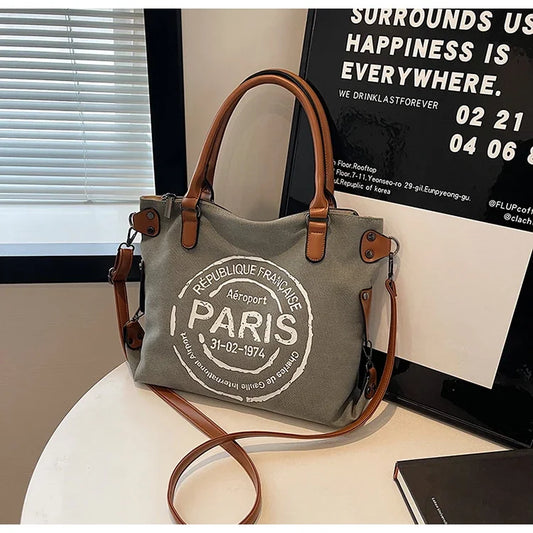 Large Retro Canvas Tote Bag - Adjustable Shoulder Strap Vintage Paris Stamp Print - Stylish Crossbody Bag for Women