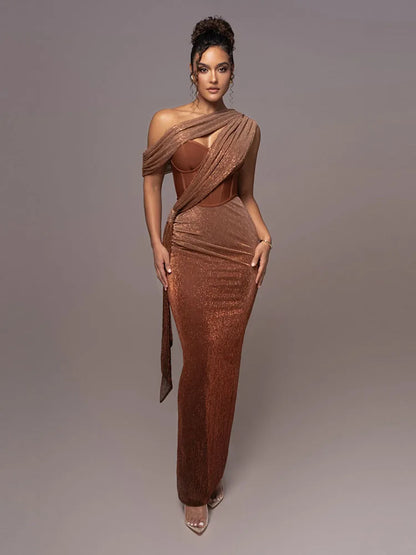 One Shoulder Draped Glitter Long Dress Women Brown Corset Sparkly Backless Bodycon Maxi Dresses Evening Party Gowns