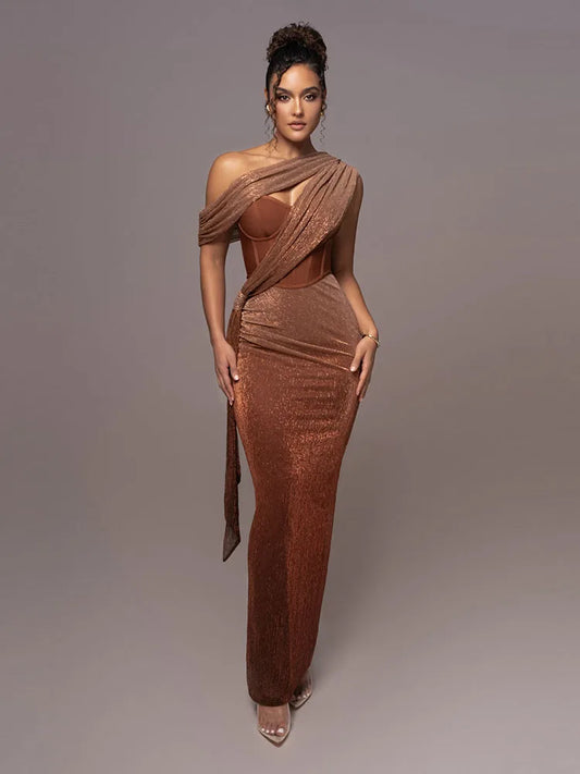 One Shoulder Draped Glitter Long Dress Women Brown Corset Sparkly Backless Bodycon Maxi Dresses Evening Party Gowns