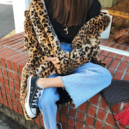 Europe America Women's Leopard Fur Coat Longer Fashion Casual Loose Fur Overcoat