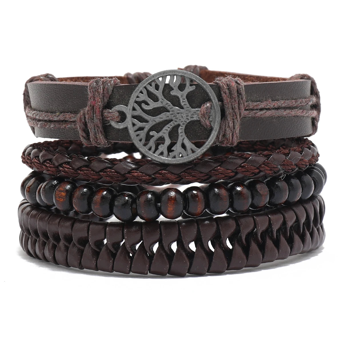 Vintage Leather Bracelet Men Multiple Woven Bracelets with Brown Wood Beads As Decorative Accessories Drawstring Bracelet