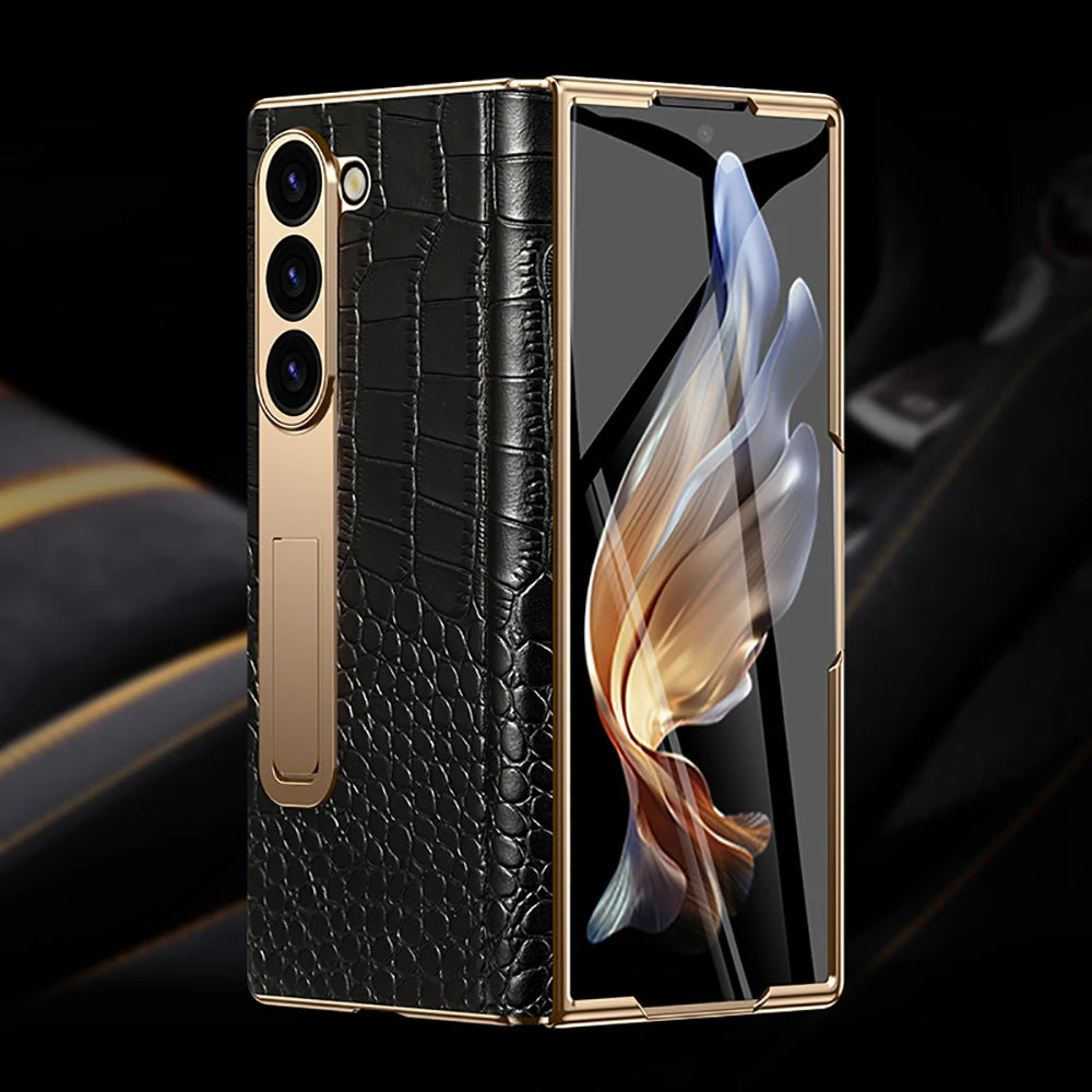 LANGSIDI Leather Case for Samsung Galaxy Z Fold 6 5 4 3 Fold6 Fold5 Gold Plating Magnetic Hinge Stand Cover with Mirror Film