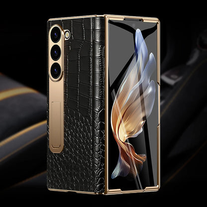 LANGSIDI Leather Case for Samsung Galaxy Z Fold 6 5 4 3 Fold6 Fold5 Gold Plating Magnetic Hinge Stand Cover with Mirror Film
