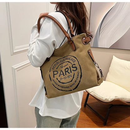 Large Retro Canvas Tote Bag - Adjustable Shoulder Strap Vintage Paris Stamp Print - Stylish Crossbody Bag for Women