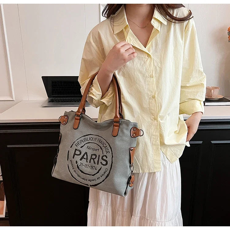 Large Retro Canvas Tote Bag - Adjustable Shoulder Strap Vintage Paris Stamp Print - Stylish Crossbody Bag for Women