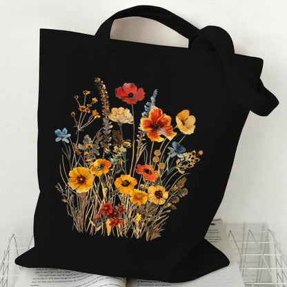 Boho Wildflowers Pattern Retro Graphics Canvas Tote Bag Reusable Shopper Bag for Women Purses and Handbags Shopping Cloth Bag