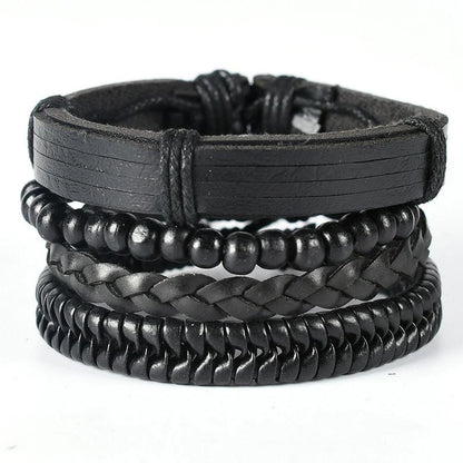 4Pcs/ Set Braided Wrap Leather Bracelets For Men Vintage Life Tree Rudder Charm Wood Beads Ethnic Tribal Wristbands