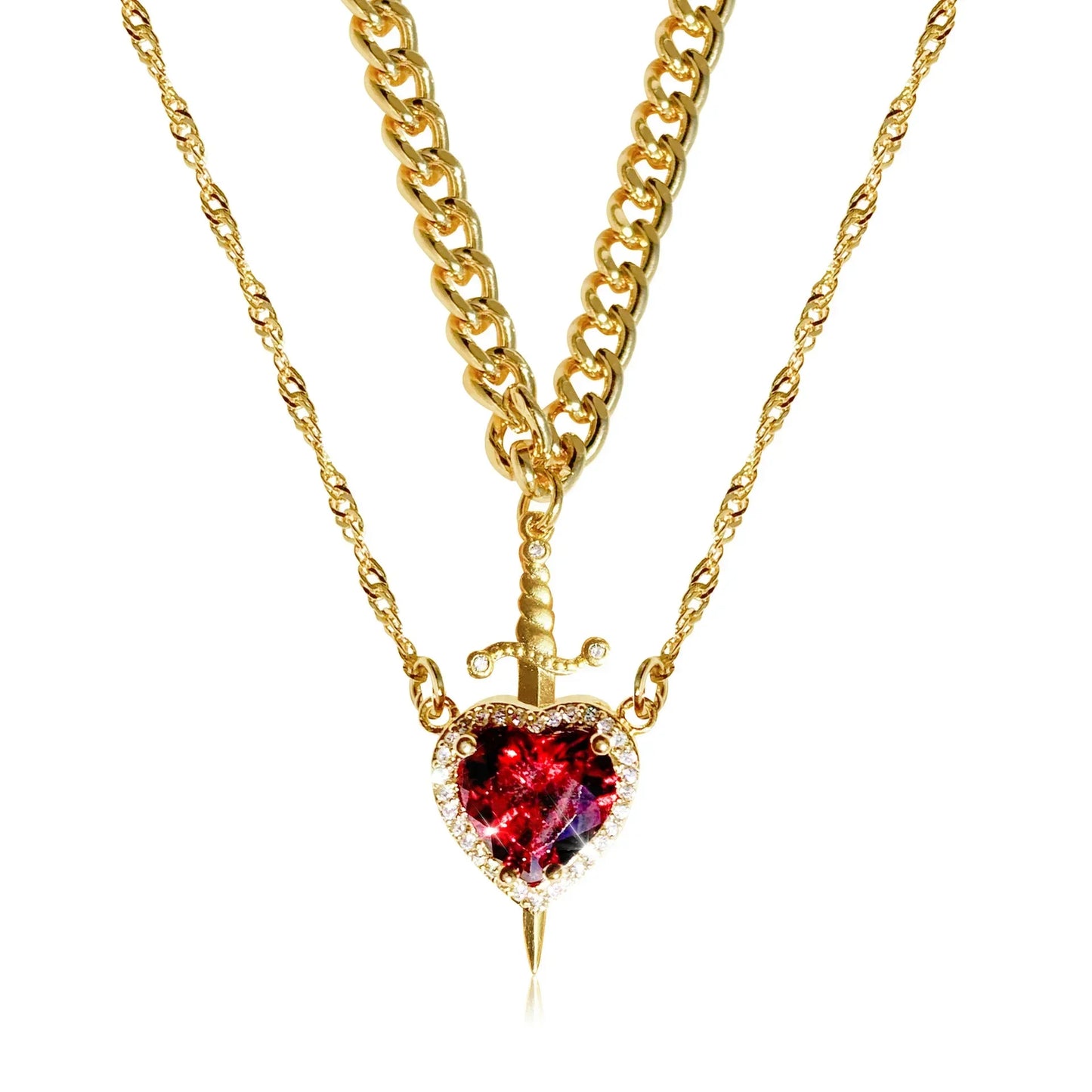 2025 2PCS Heart & Sword Zircon Pendant Necklace – Silver/Gold Plated Couple Jewelry