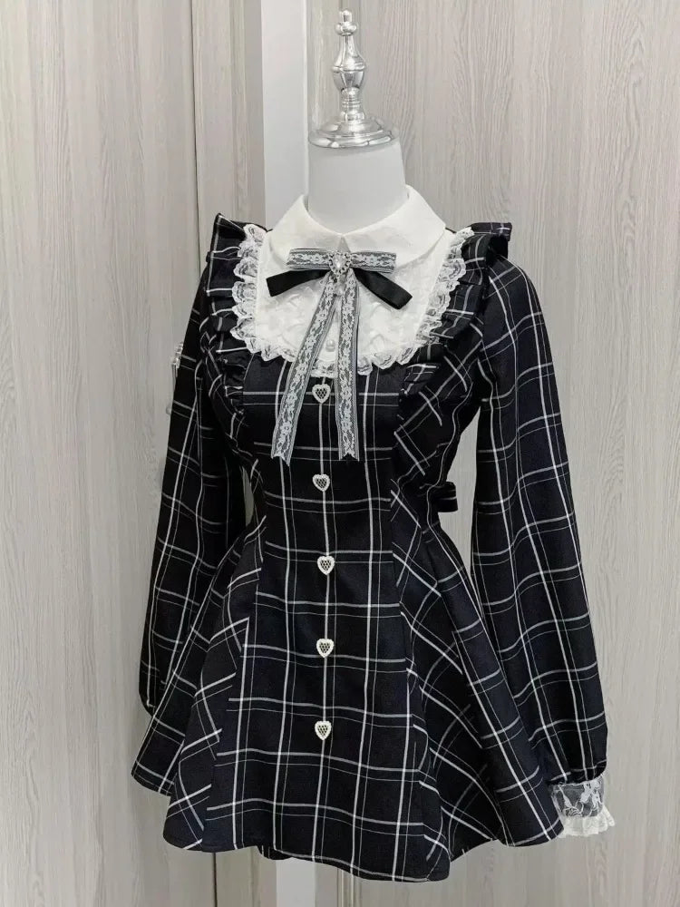 Harajuku Sweet Bow Black Plaid Dresses All-match Slim Fit Kawaii Lolita Dress for Women 2025