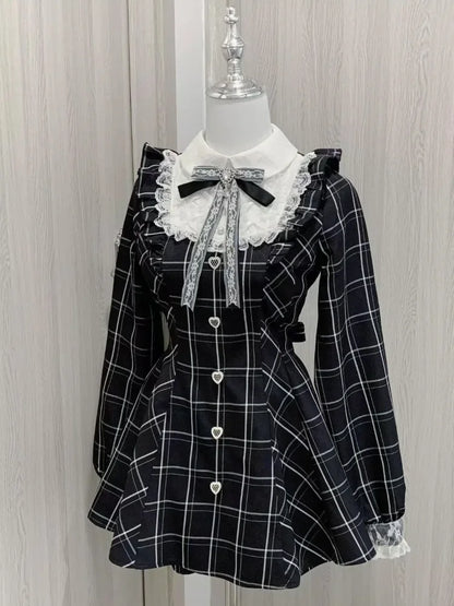 Harajuku Sweet Bow Black Plaid Dresses All-match Slim Fit Kawaii Lolita Dress for Women 2025