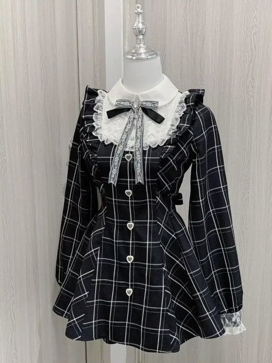 Harajuku Sweet Bow Black Plaid Dresses All-match Slim Fit Kawaii Lolita Dress for Women 2025
