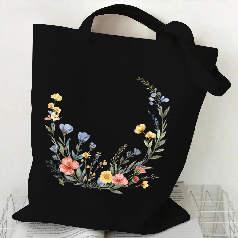 Boho Wildflowers Pattern Retro Graphics Canvas Tote Bag Reusable Shopper Bag for Women Purses and Handbags Shopping Cloth Bag