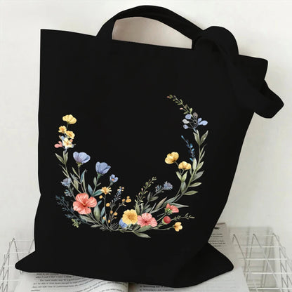 Boho Wildflowers Pattern Retro Graphics Canvas Tote Bag Reusable Shopper Bag for Women Purses and Handbags Shopping Cloth Bag