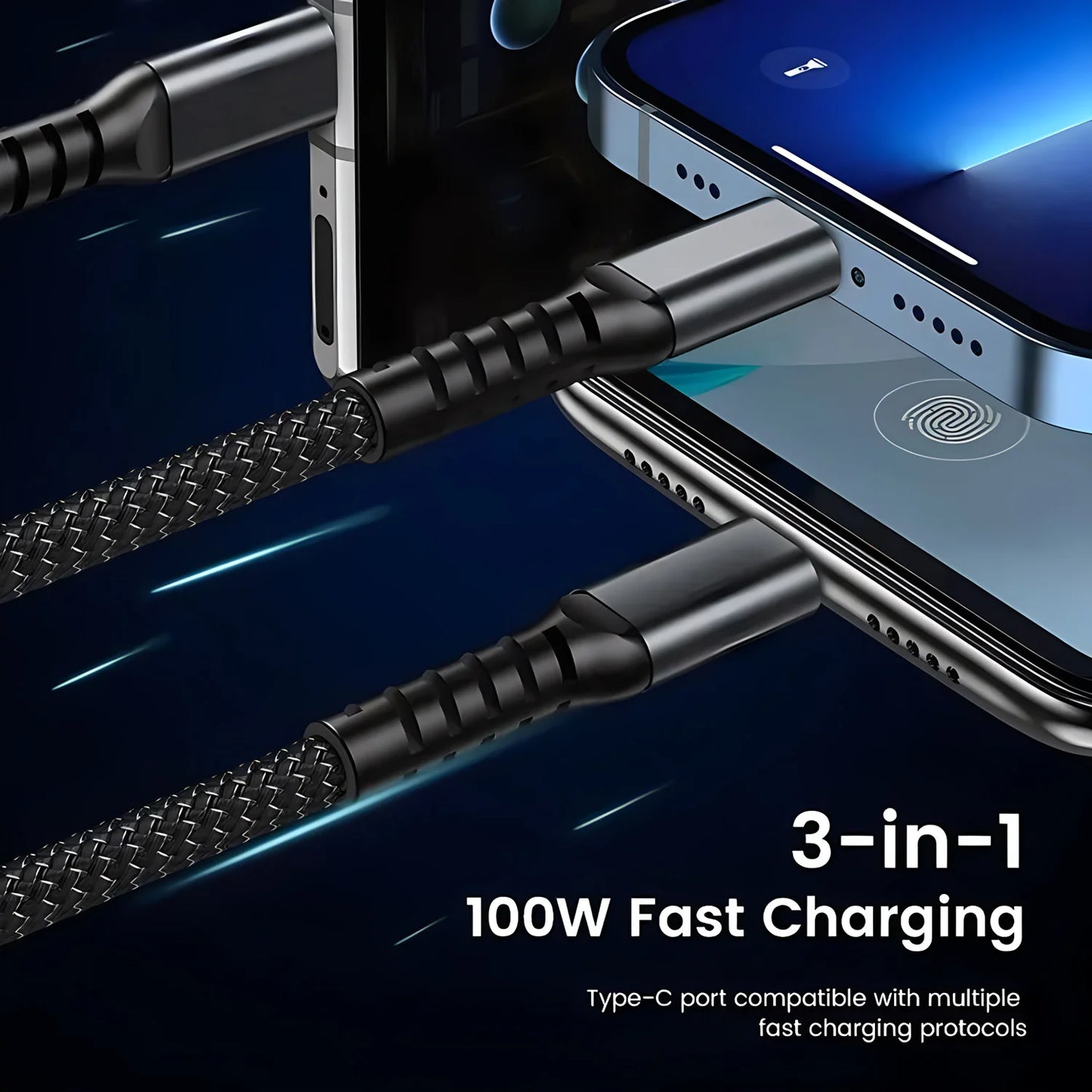 3-in-1 100W 5A Fast Charging USB To Type-C Micro Fast Charger Cable For iPhone  Samsung