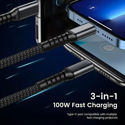 3-in-1 100W 5A Fast Charging USB To Type-C Micro Fast Charger Cable For iPhone  Samsung