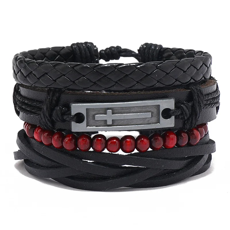 ZORCVENS 3 pcs/set Handmade Woven Leather Bracelet for Men, Vintage Braided Jewelry Gift, Evil Eye Bracelets Bangles