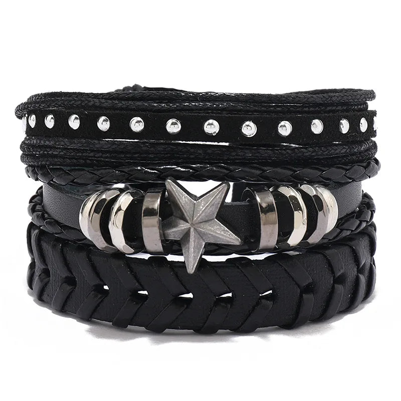 ZORCVENS 3 pcs/set Handmade Woven Leather Bracelet for Men, Vintage Braided Jewelry Gift, Evil Eye Bracelets Bangles