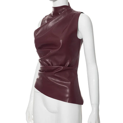 Fashion Solid Leather Y2k Top Skinny Waist Slimming Sleeveless Women Clothing High Collar Streetwear