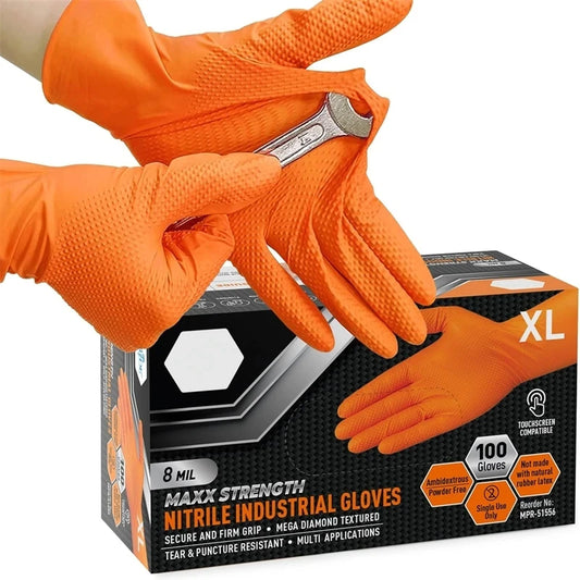 Heavy Duty Orange Nitrile Gloves 8Mil Industrial Disposable Gloves with Diamond Textured Grip