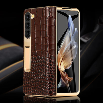 LANGSIDI Leather Case for Samsung Galaxy Z Fold 6 5 4 3 Fold6 Fold5 Gold Plating Magnetic Hinge Stand Cover with Mirror Film