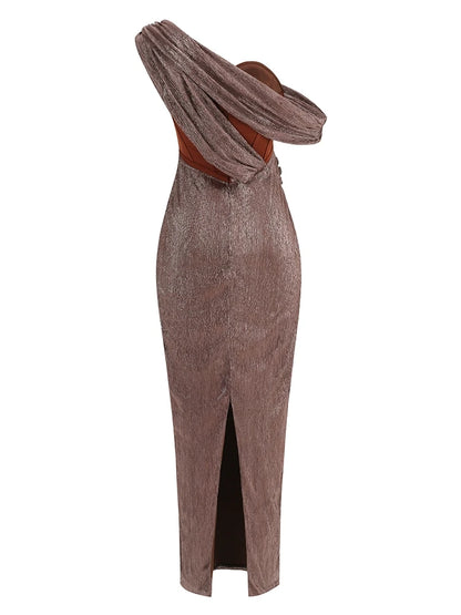One Shoulder Draped Glitter Long Dress Women Brown Corset Sparkly Backless Bodycon Maxi Dresses Evening Party Gowns