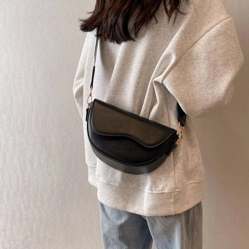 Women Vintage Solid Color Flap Small Saddle Shoulder Underarm Bag Fashion PU Leather Wide Strap Crossbody Bag