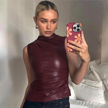 Fashion Solid Leather Y2k Top Skinny Waist Slimming Sleeveless Women Clothing High Collar Streetwear