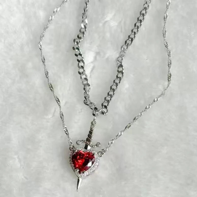 2025 2PCS Heart & Sword Zircon Pendant Necklace – Silver/Gold Plated Couple Jewelry