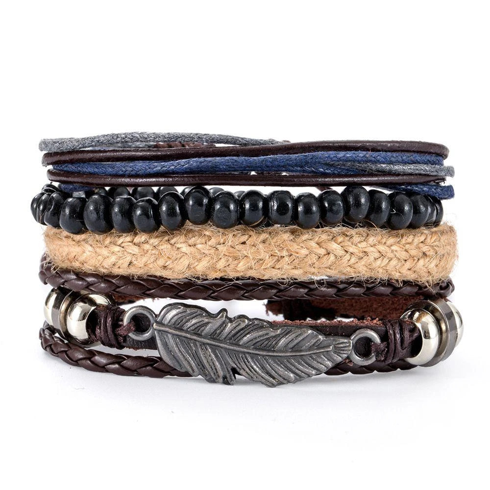4Pcs/ Set Braided Wrap Leather Bracelets For Men Vintage Life Tree Rudder Charm Wood Beads Ethnic Tribal Wristbands